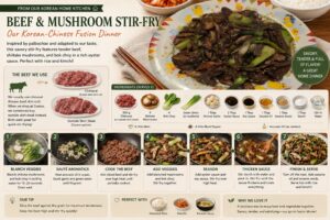 Beef and Mushroom Stir-Fry: Our Korean-Chinese Fusion Dinner 3 Homemade beef and mushroom stir-fry with chimasal, shiitake mushrooms, bok choy, and oyster sauce