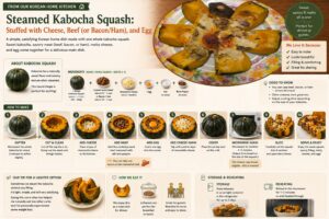 Steamed Kabocha Squash: Stuffed with Cheese, Beef, and Egg 1 Homemade steamed kabocha squash stuffed with cheese, ground beef, and egg