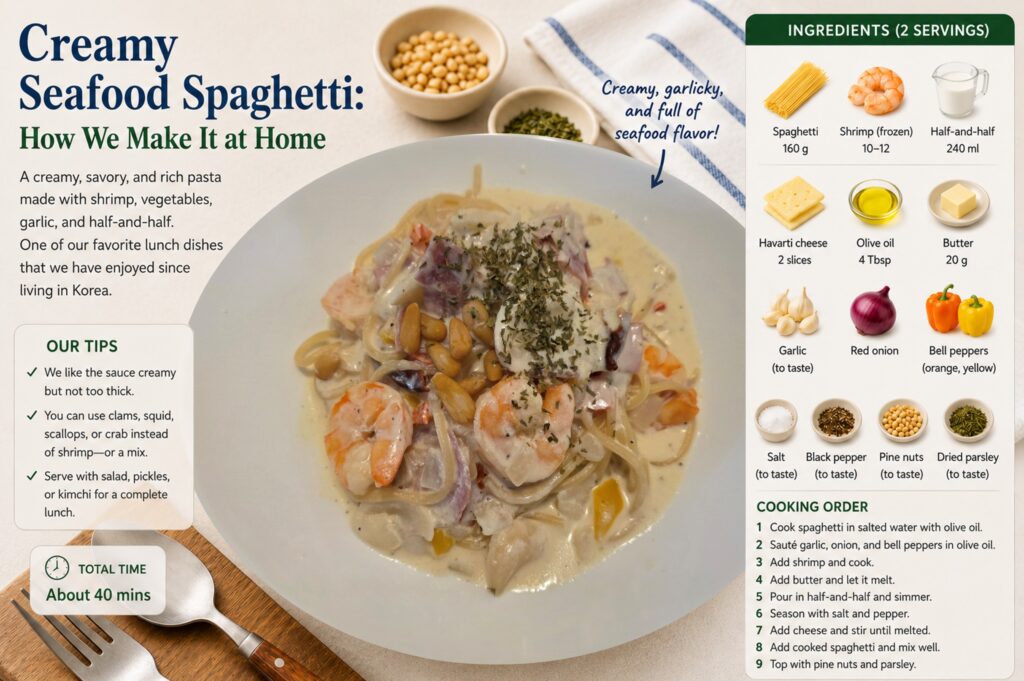 Homemade creamy seafood spaghetti with shrimp, vegetables, pine nuts, and parsley